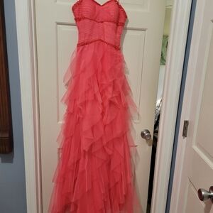 Strapless Coral Ruffled Prom Dress